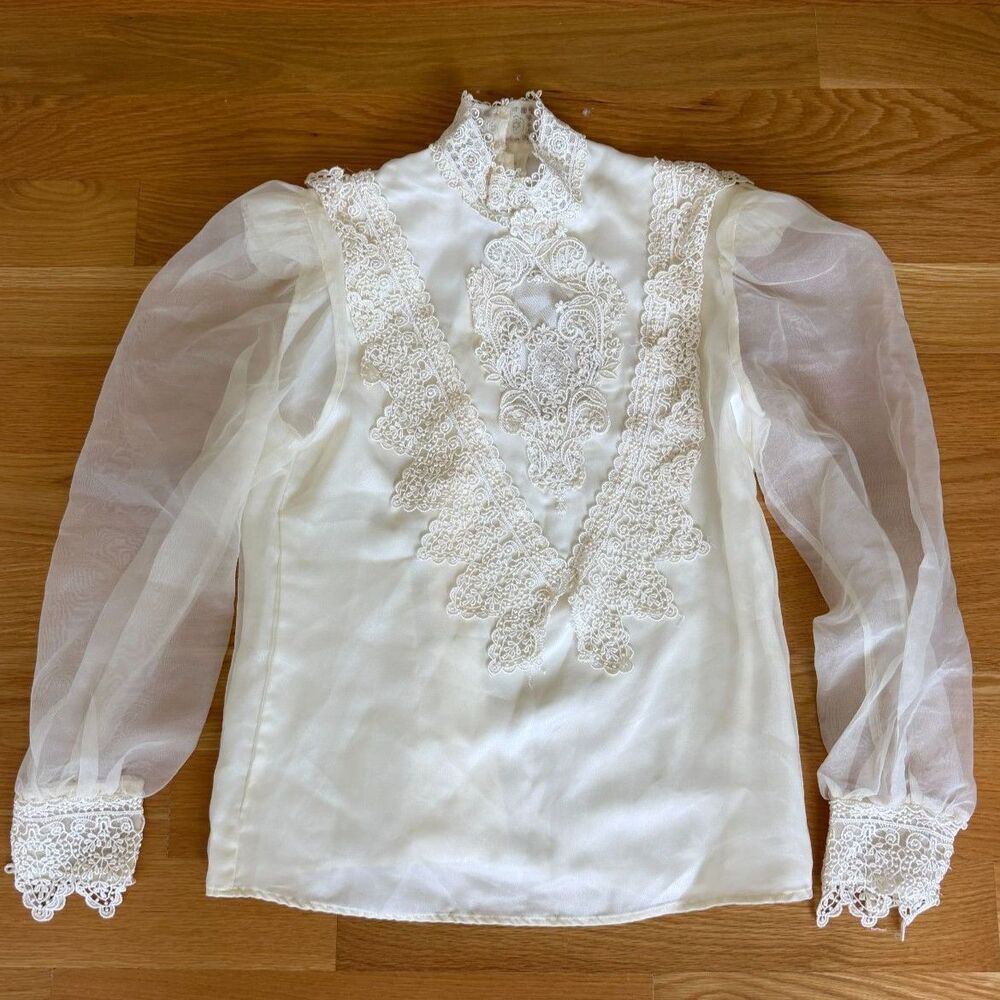 Vintage Scott McClintock Ivory Satin Lace Victorian Blouse Sheer Sleeves Size 8